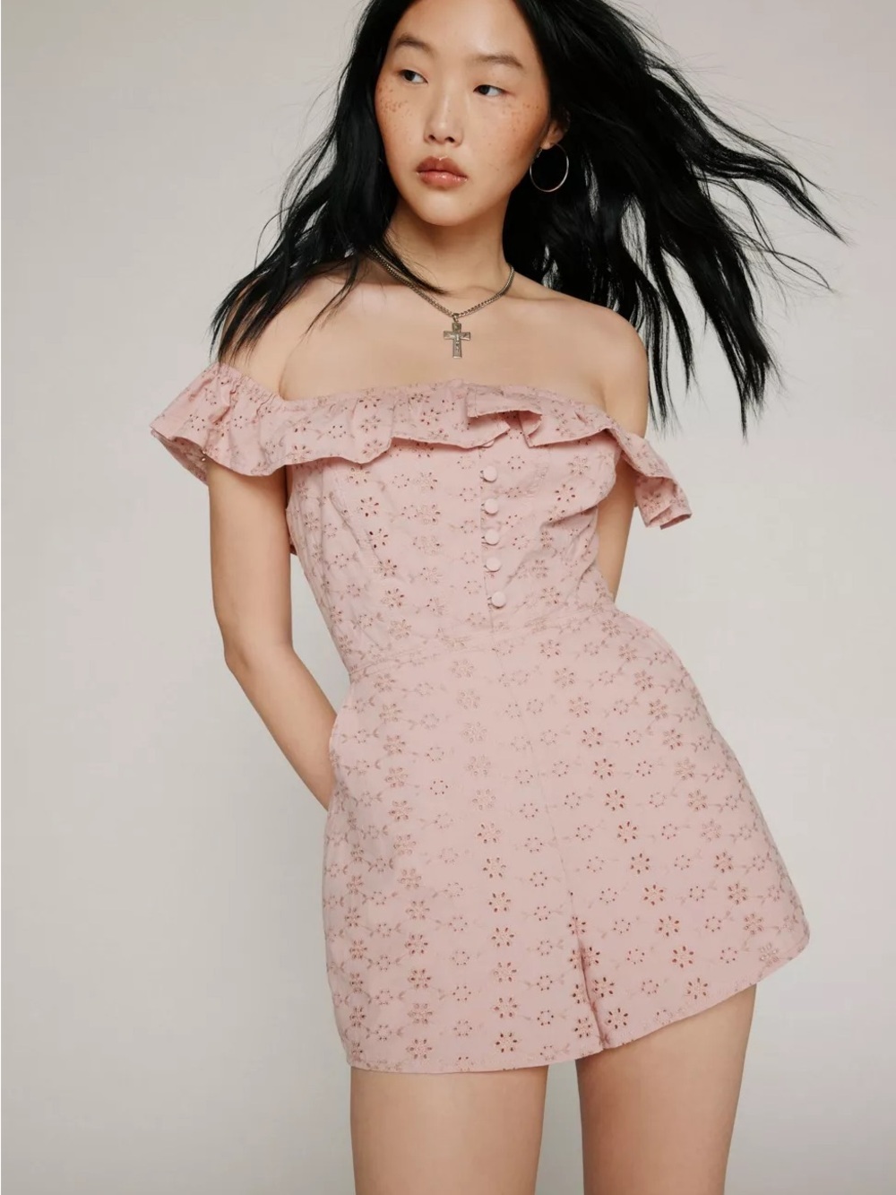 Kimchi Jeena Off-Shoulder Eyelet Romper